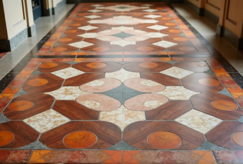 Geometric Patterned Hallway Floor Warm Stone Medallion Tiles