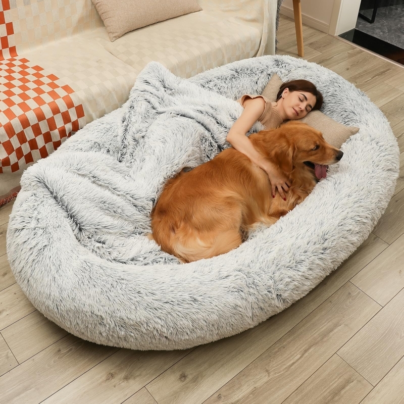Giant Dog Bed Human Sized Shaggy Faux Fur Lounger in Light Grey