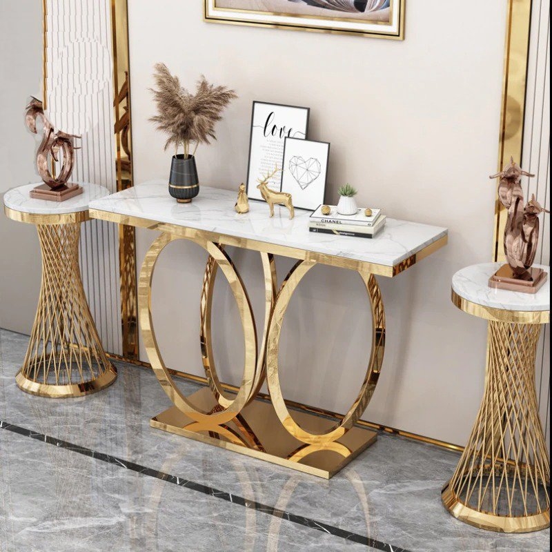 Glam Console Table Double Ring Gold Base Marble Look Entryway