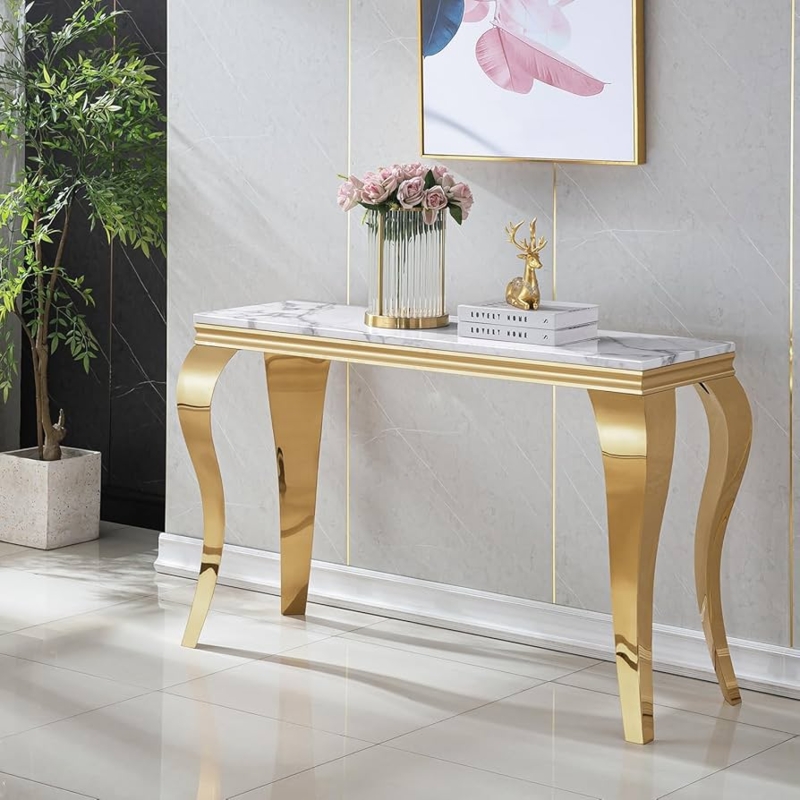Glam Gold Console Table S-Shaped Legs Marble Look Entryway