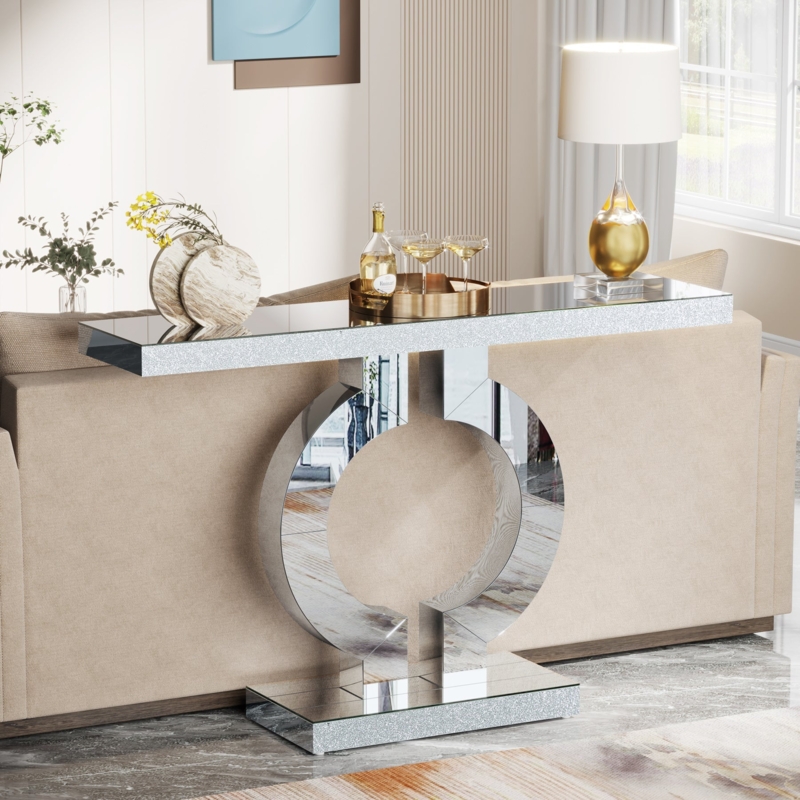 Glam Mirrored Sofa Table with O-Shaped Base & Crushed Diamond