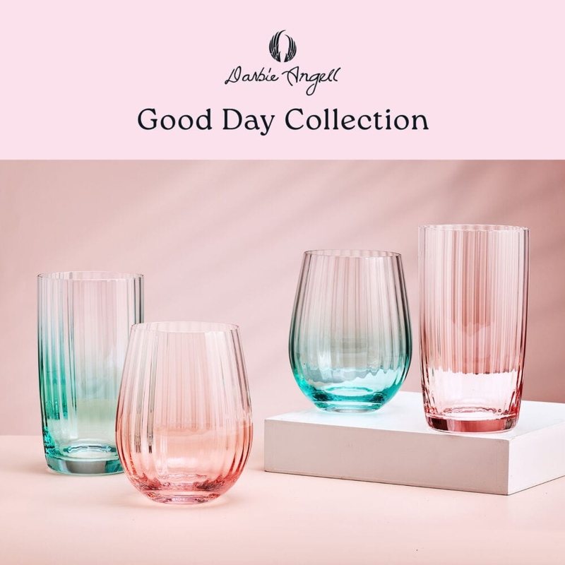 Glassware Set Blush Teal Green Vertical Fluting Mixed Shapes
