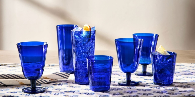 Glassware Set Cobalt Blue Hue Assorted Vessel Profiles Glossy Finish