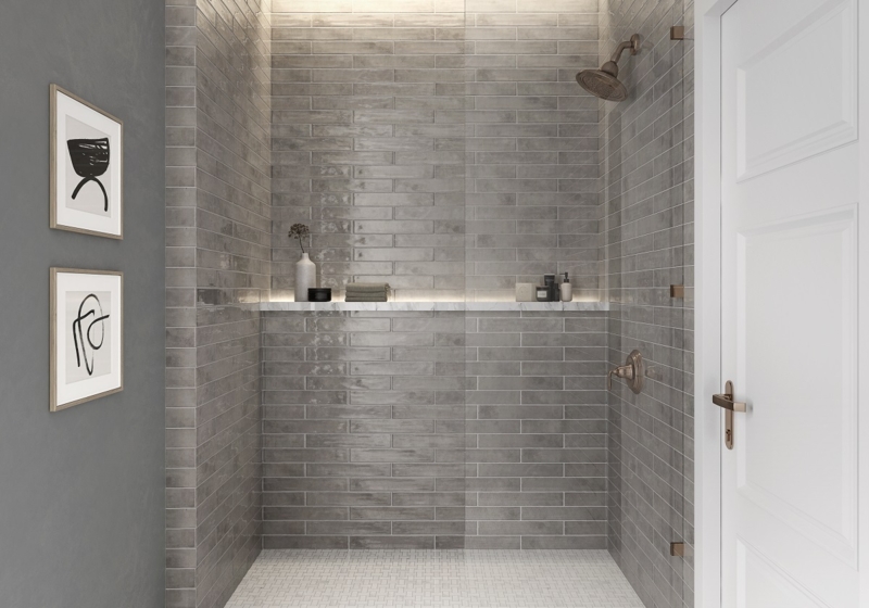 Glossy Gray Subway Tile Shower with Integrated Niche Lighting