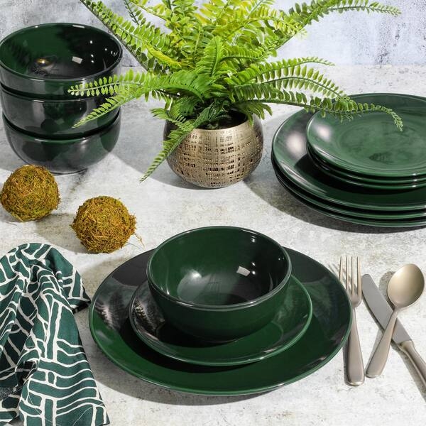 Glossy Hunter Green Stoneware Dinnerware Set in Minimalist Rimless Style