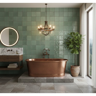 Glossy Sage Green Wall Tile Square Format Organic Modern Bathroom