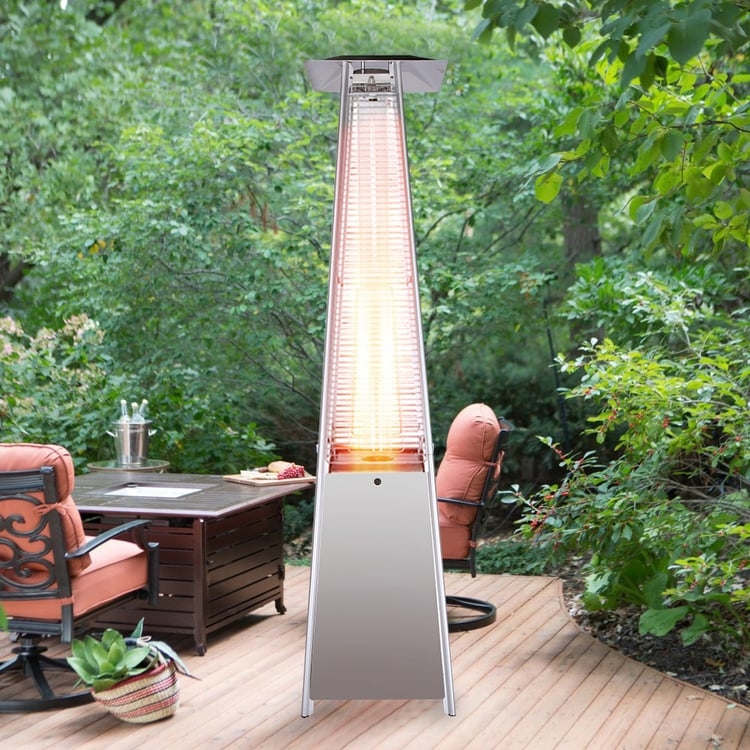 Glowing Glass Tube Patio Heater, Stainless Pyramid Contemporary Lounge.