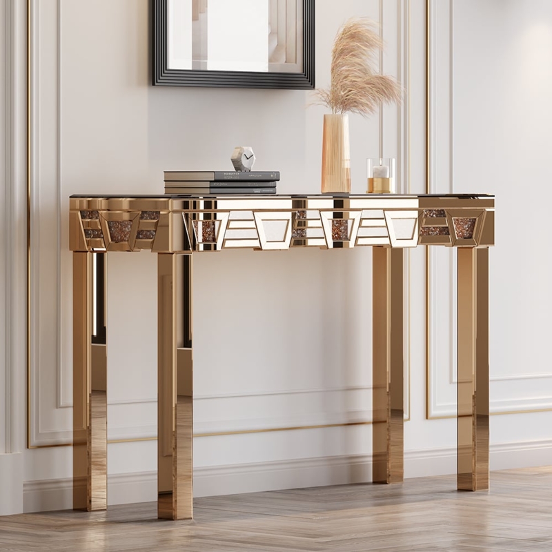 Gold Mirrored Console Table with Geometric Apron & Crushed Glass