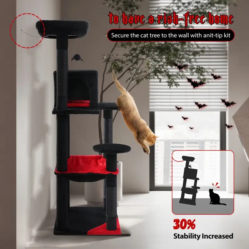 Gothic Black and Red Cat Tree with Safety Anchoring