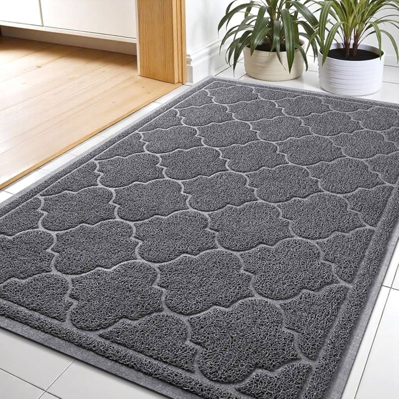 Gray Door Mat Loop Pile Texture Quatrefoil Pattern Low Profile