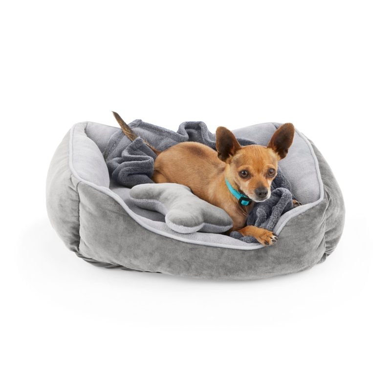 Gray Plush Bolstered Dog Bed Bundle Blanket And Toy