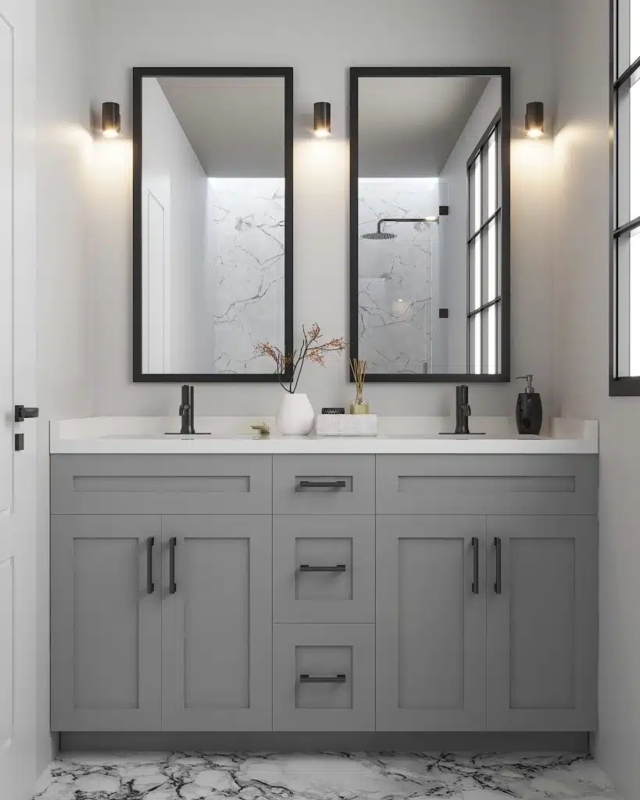 Gray Shaker Double Bathroom Vanity, Matte Black Hardware & Marble Floor