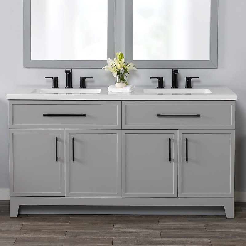 Gray Shaker Double Vanity, Matte Black Hardware & Tapered Feet