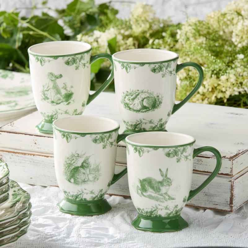 Green and White Footed Mug Set featuring French Country Rabbit Toile