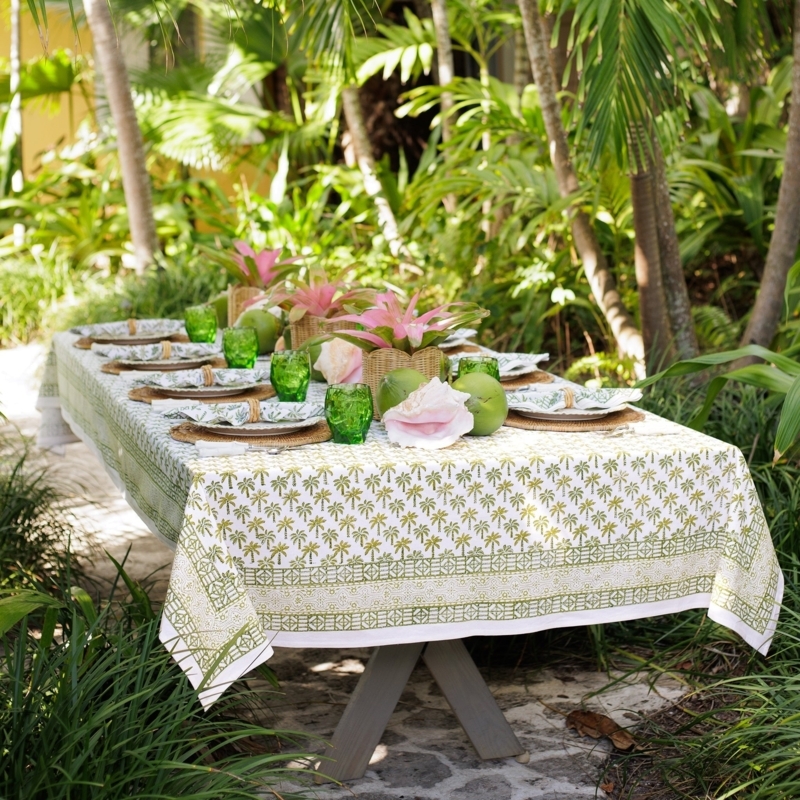 Green and White Palm Tree Block Print Tablecloth, Matte
