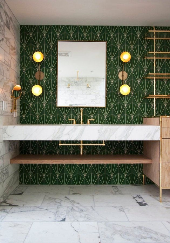 Green Art Deco Bathroom Tile Floating Marble Vanity Gold Sconces