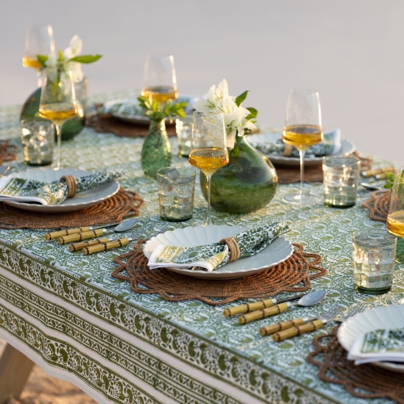 Green Floral Tablecloth Block Print Pattern Bohemian Coastal Style