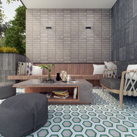 Green Hexagonal Patio Tile Built In Wood Bench Seating