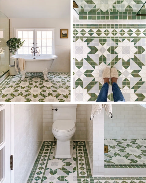 Green Star Pattern Floor Tile Mosaic with Ornate Border Detail