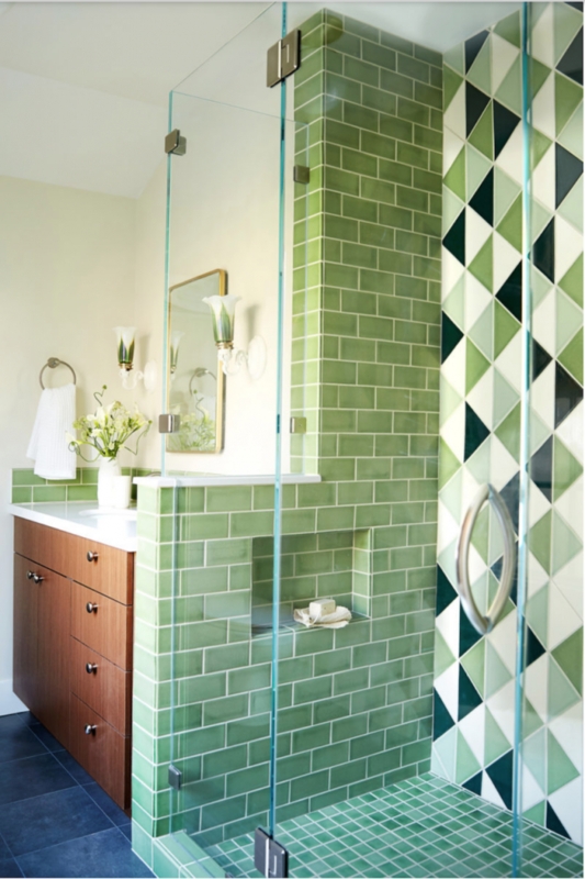 Green Subway Tile Shower Design Triangle Accent Wall