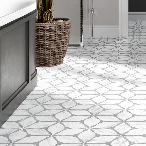 Grey and White Porcelain Floor Tile with Geometric Petal Pattern