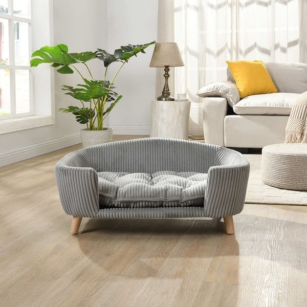 Grey Corduroy Pet Sofa Bed, Tufted Cushion, Scandinavian