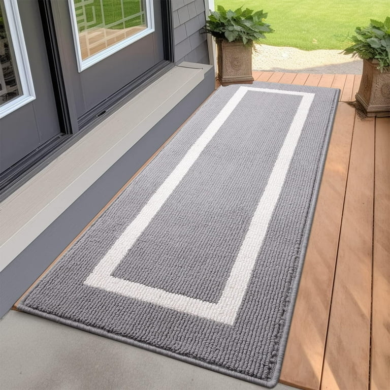 Grey Door Mat Extra Long Runner White Border Ribbed Texture Patio