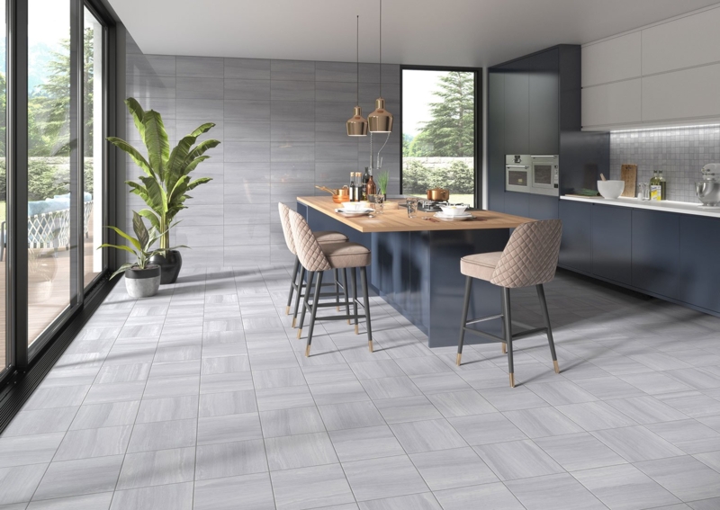 Grey Large Format Kitchen Floor Tiles with Navy Cabinetry