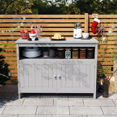 Grey Patio Bar Cabinet Slatted Doors Open Shelf