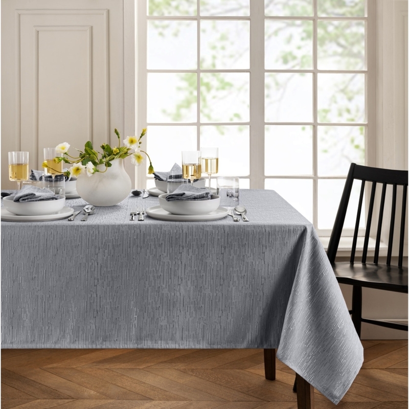 Grey Tablecloth with Vertical Slub Texture and Water Resistant Finish.