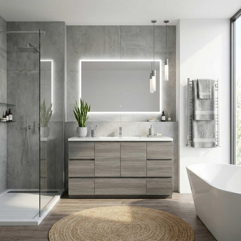 Grey Wood Bathroom Vanity, Recessed Base & Backlit Mirror