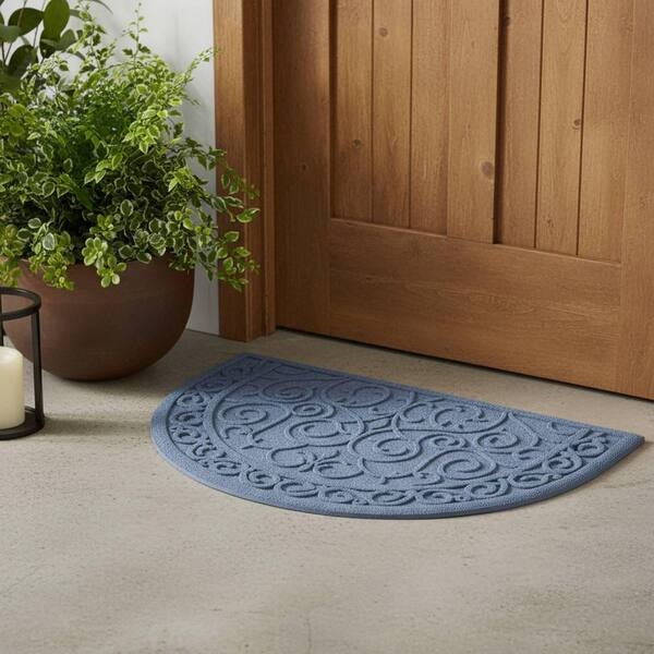 Half Moon Door Mat Slate Blue Embossed Scrollwork Traditional