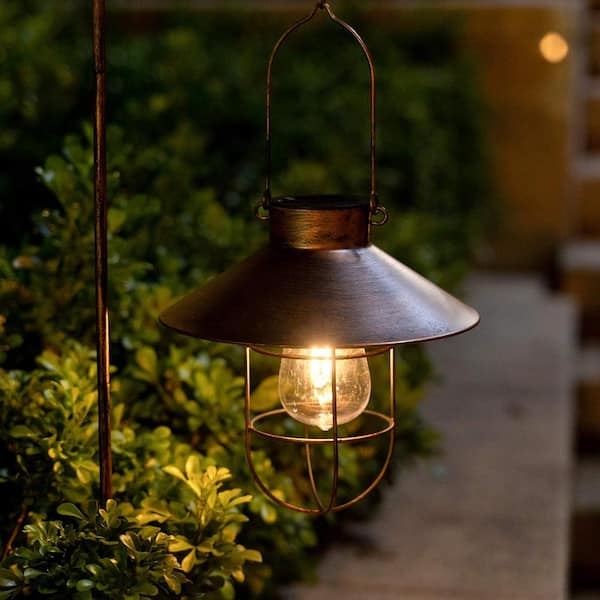 Hanging Lantern Brushed Copper with Industrial Cage and Shepherd Hook
