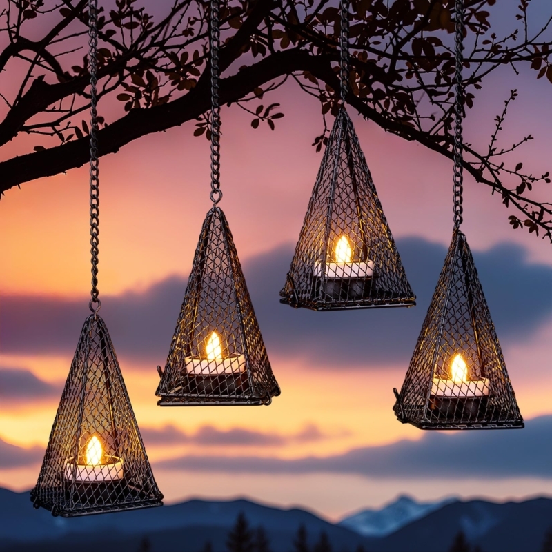 Hanging Lantern Pyramid Mesh Cage with Geometric Silhouette