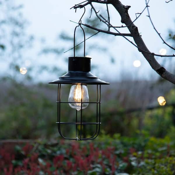 Hanging Lantern Solar Powered Wire Cage Design Rustic Garden Lighting