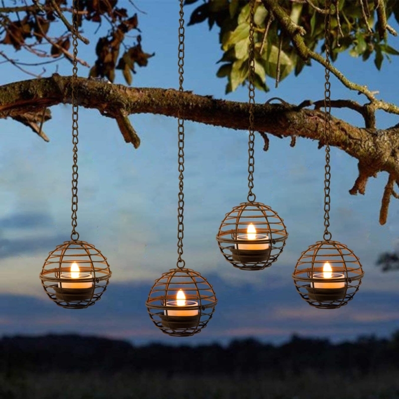 Hanging Lantern Spherical Wire Cage with Flickering Tea Light for Trees
