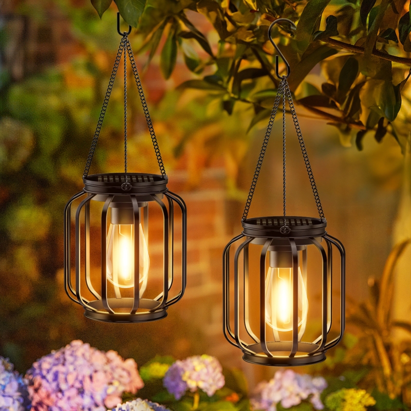 Hanging Outdoor Lantern Black Cage Frame Vintage LED Industrial