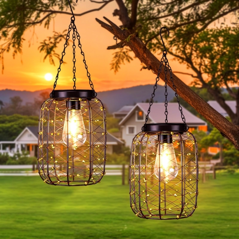 Hanging Solar Lantern with Beaded Wire Cage and Antique Copper Finish
