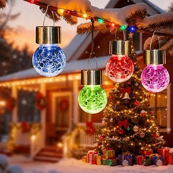 Hanging Solar Light Crackled Glass Globe Vibrant Jewel Tones Festive