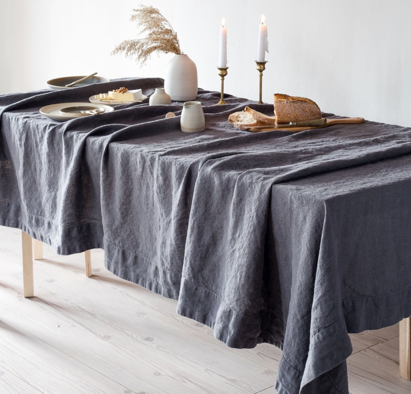 Heavy Textured Charcoal Linen Tablecloth with Wide Hem Border.