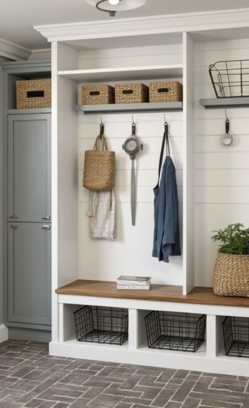 Herringbone Brick Tile Mudroom with Shiplap Backing and Built-In Storage