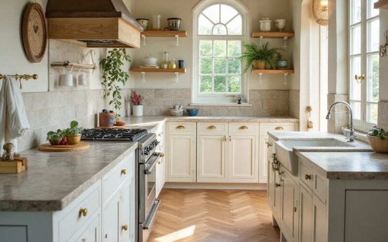 Herringbone Floor in French Country Kitchen with Arched Window Feature