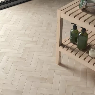 Herringbone Floor Tile Sandy Beige Matte Finish Spa Bathroom Design