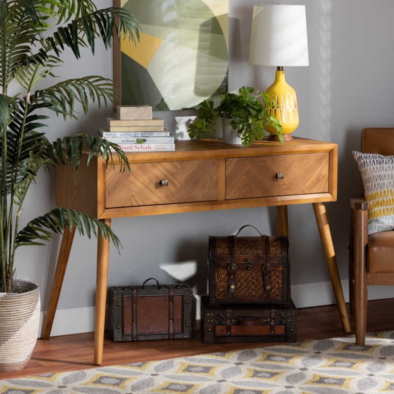 Herringbone Pattern Console Table with Two Drawers Natural Wood