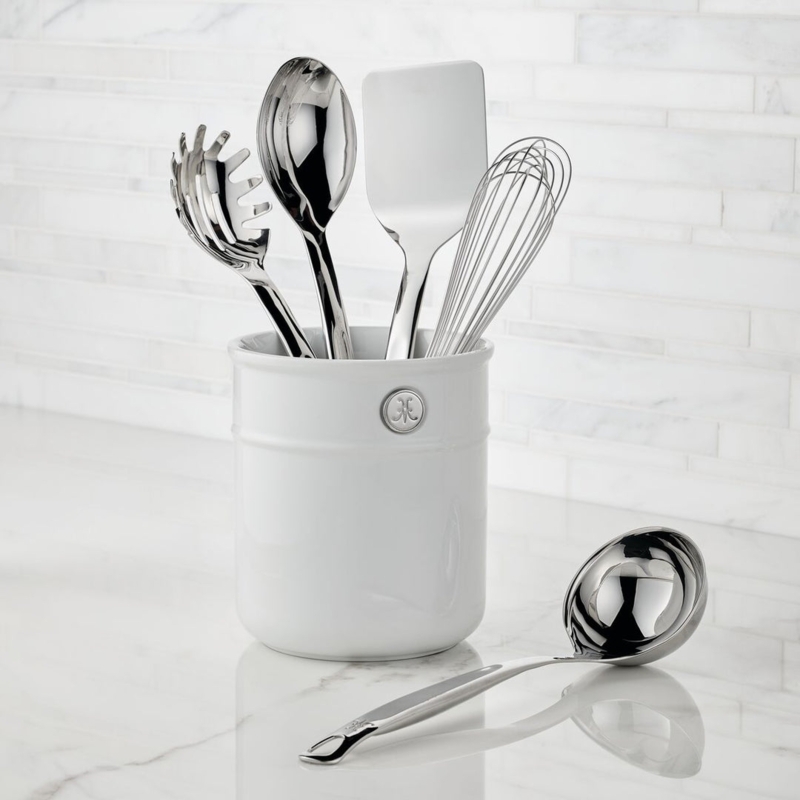 Hestan Polished Kitchen Utensil Set, White Ceramic Crock
