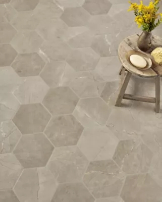 Hexagon Floor Tile Taupe Marble Look Matte Finish Spa Bathroom