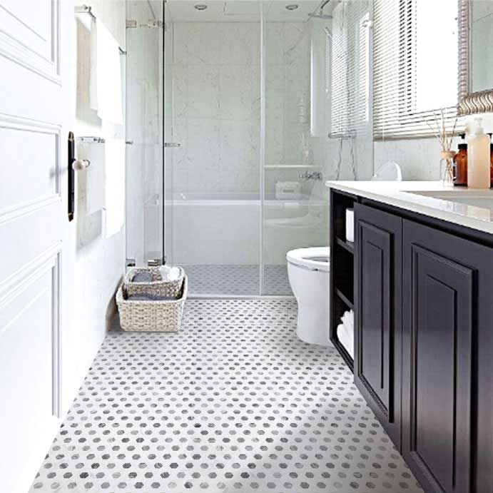 Hexagon Mosaic Tile White Grey Marble Look Modern Minimalist Bathroom
