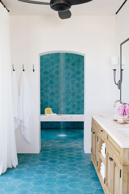 Hexagon Tile Floor Vibrant Teal, Arched Shower Entry Design