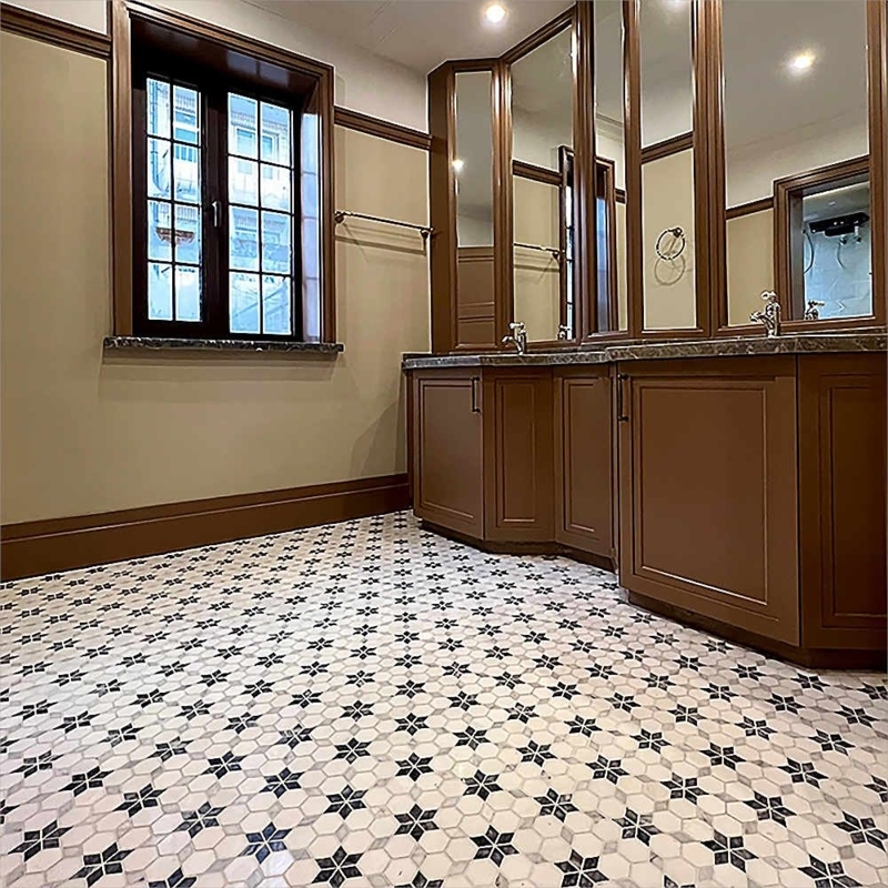 Hexagonal Marble Star Mosaic Flooring in Traditional Bathroom