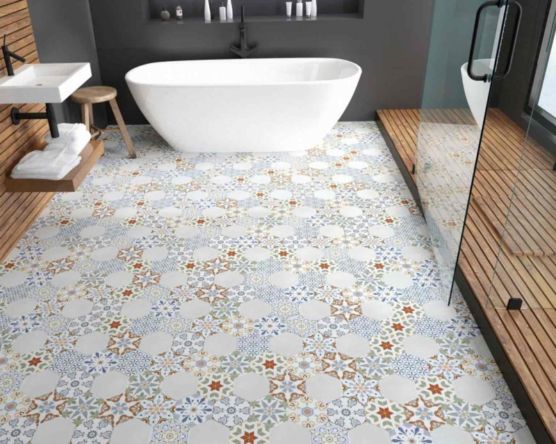 Hexagonal Patterned Tiles in Contemporary Spa Bathroom with Wood Slats